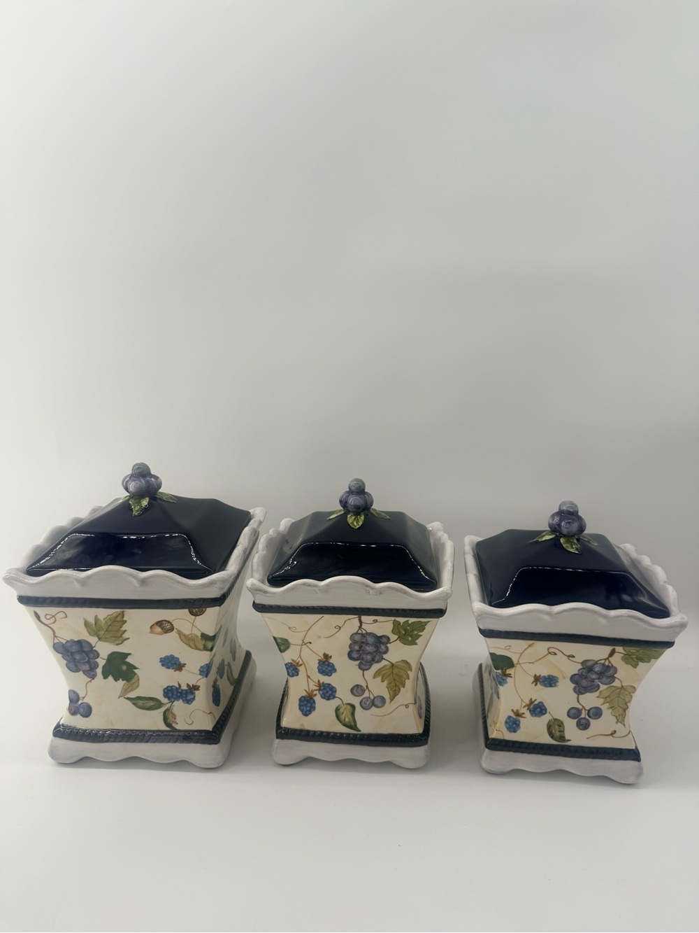 Decorative Blue Grape Ceramic Canister with Lid - Set of 3